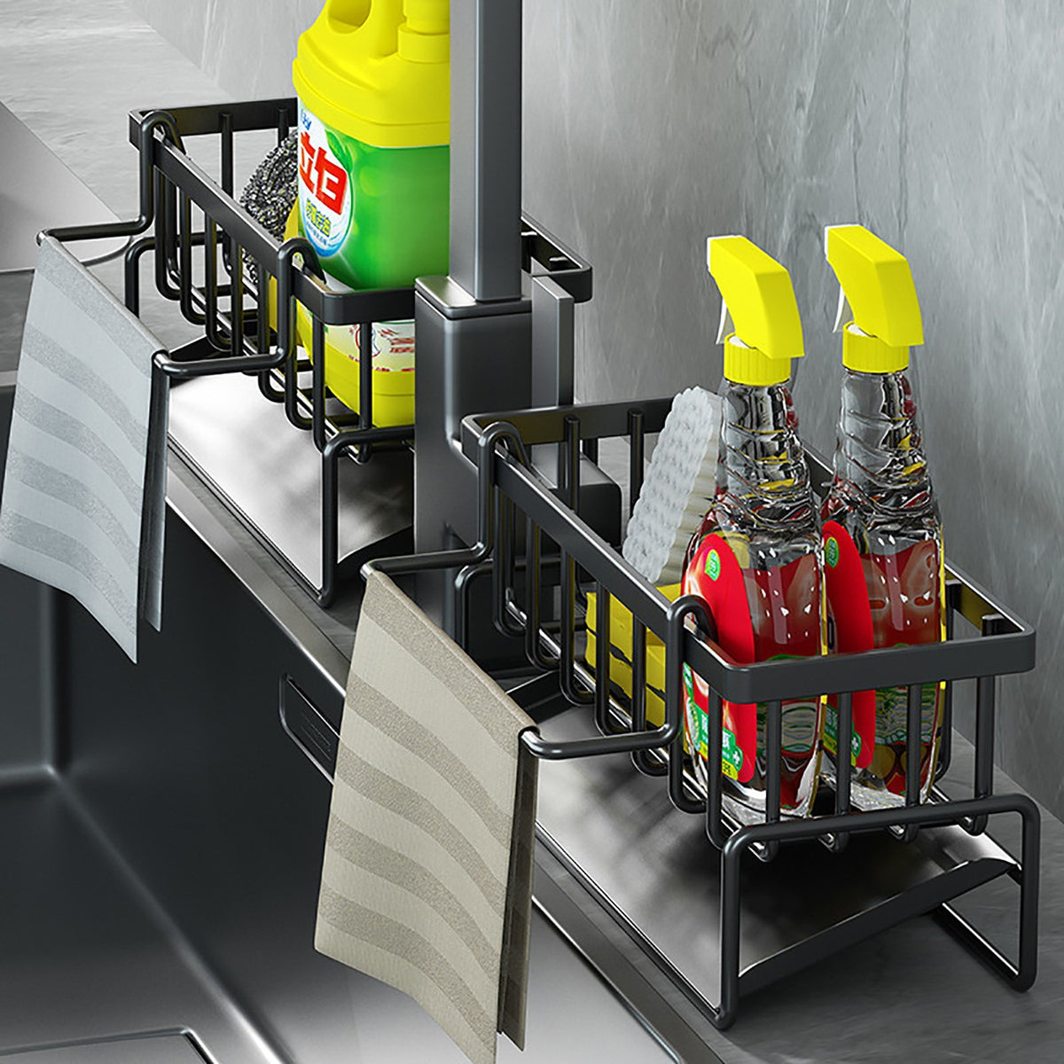 Kitchen Sink Caddy with Drain Spout — Black